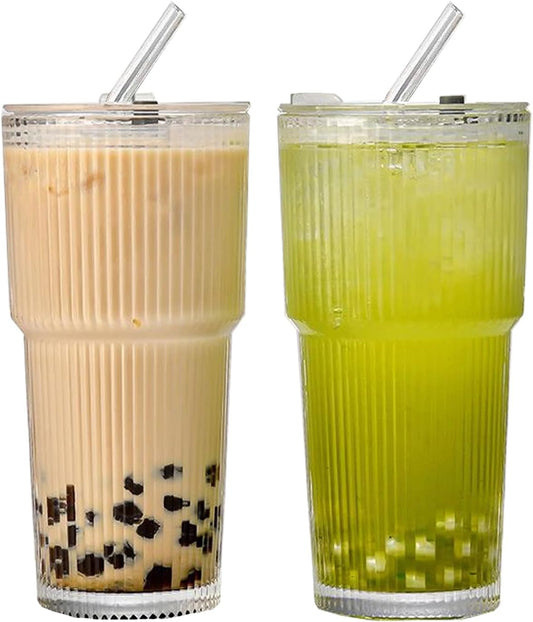 20Oz Glass Cups with Lids and Straws,2 PCS Glass Coffee Cups with Lids and Straw, Iced Coffee Cups with Lids, Drinking Glasses Set for Whiskey,Cocktail,Juice,Tea,Latte,Smoothie